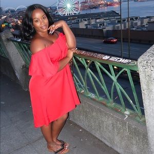 Red Off The Shoulder Flounce Dress!